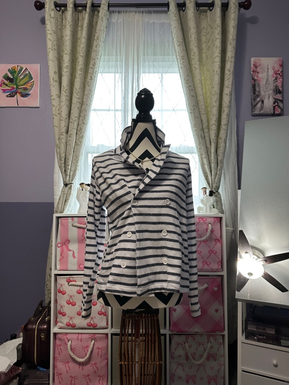 NEW DG2 Striped Double-Breasted Women's Sweater Jacket - White/Gray